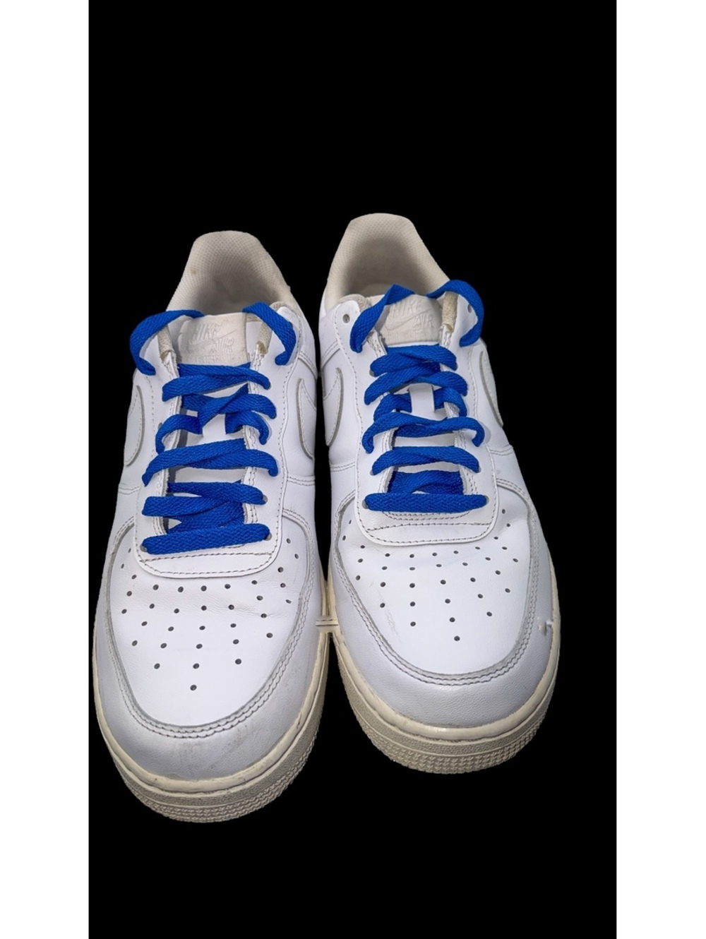 Nike Air Force 1 White Leather Sneakers with Blue Laces Size 9